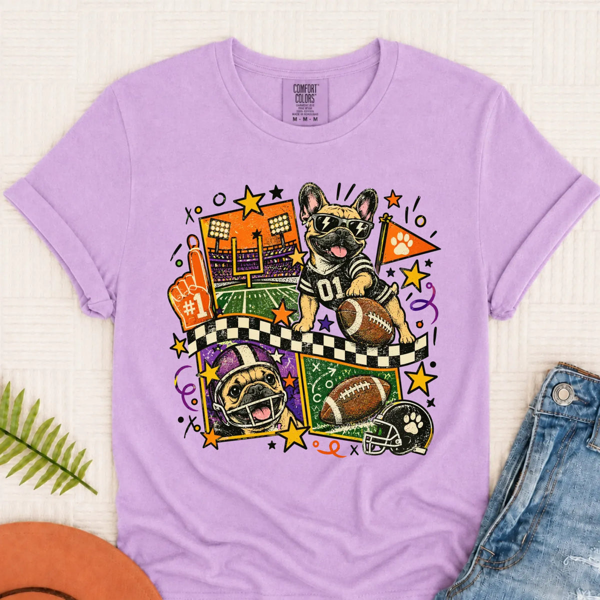Custom Frenchie Retro Football Unisex Tshirt Orchid
