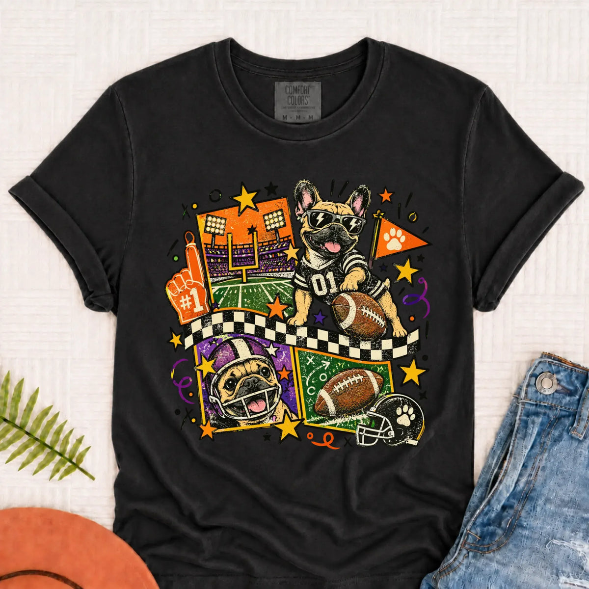 Custom Frenchie Retro Football Unisex Tshirt Graphite