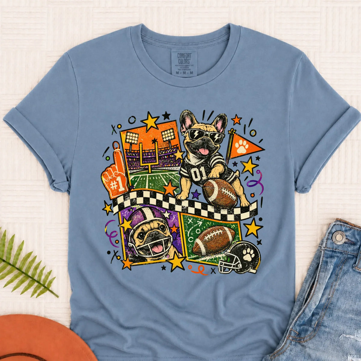 Custom Frenchie Retro Football Unisex Tshirt Blue Jean