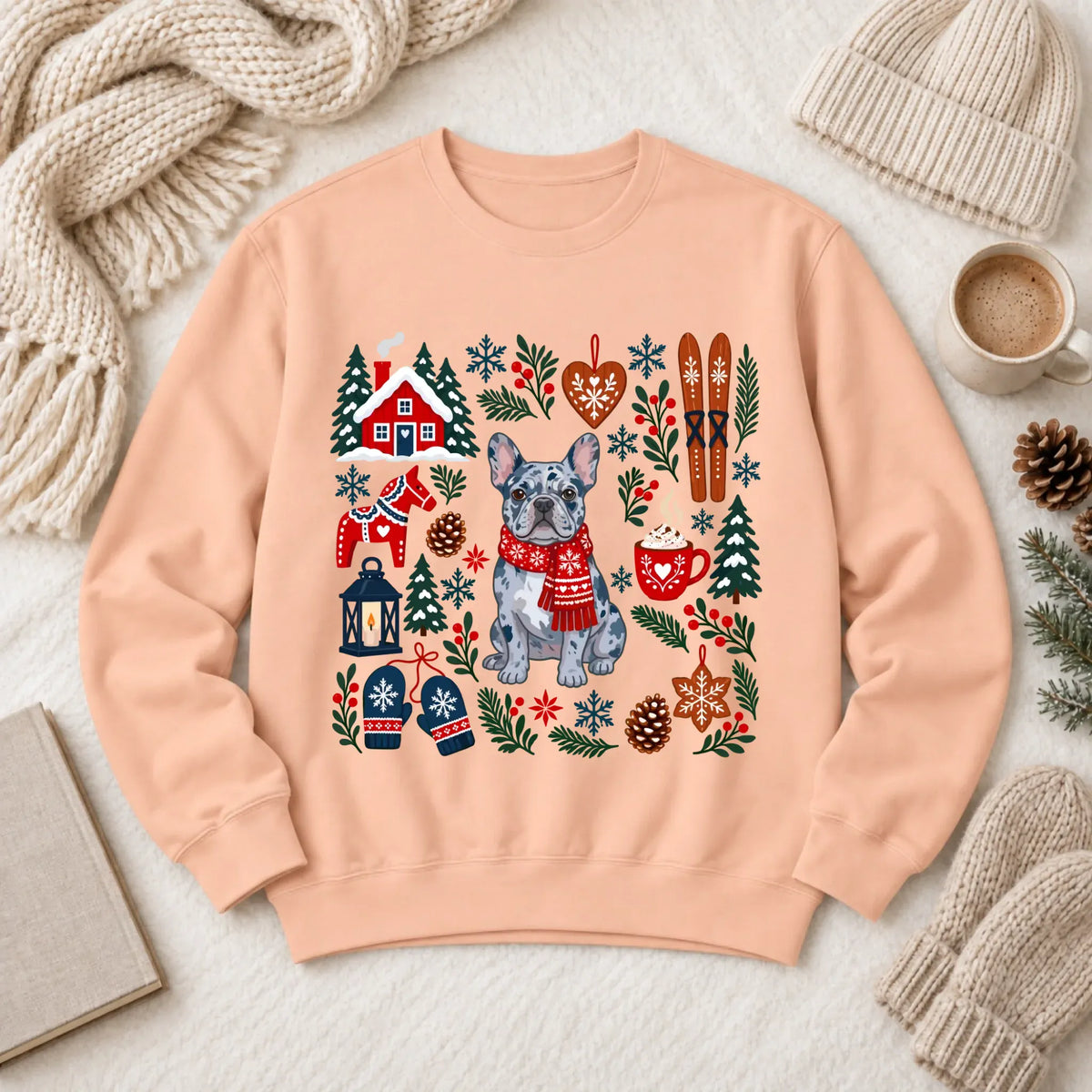 Custom Frenchie Scandinavian Winter Unisex Sweatshirt Peachy