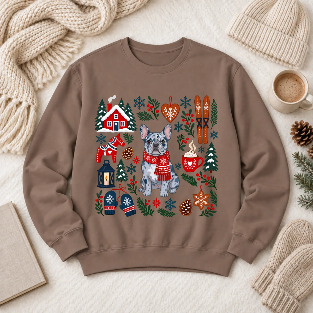 Custom Frenchie Scandinavian Winter Unisex Sweatshirt Espresso