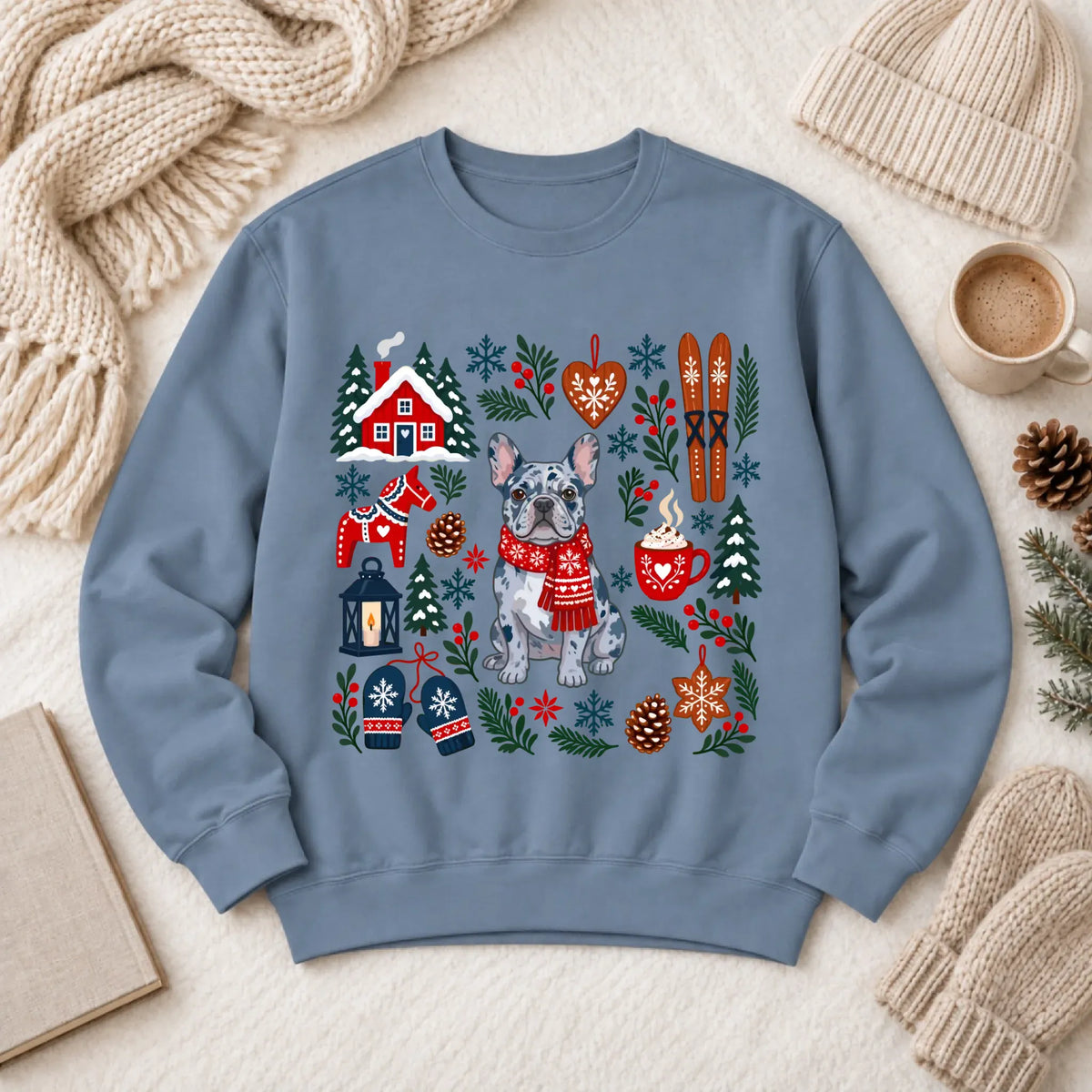 Custom Frenchie Scandinavian Winter Unisex Sweatshirt Blue Jean