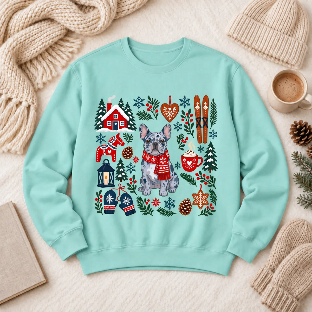 Custom Frenchie Scandinavian Winter Unisex Sweatshirt Chalky Mint
