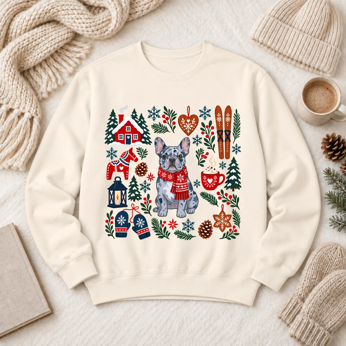 Custom Frenchie Scandinavian Winter Unisex Sweatshirt Ivory