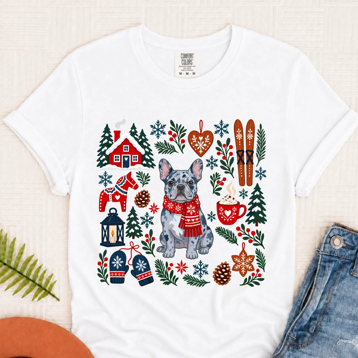 Custom Frenchie Scandinavian Winter Unisex Tshirt White