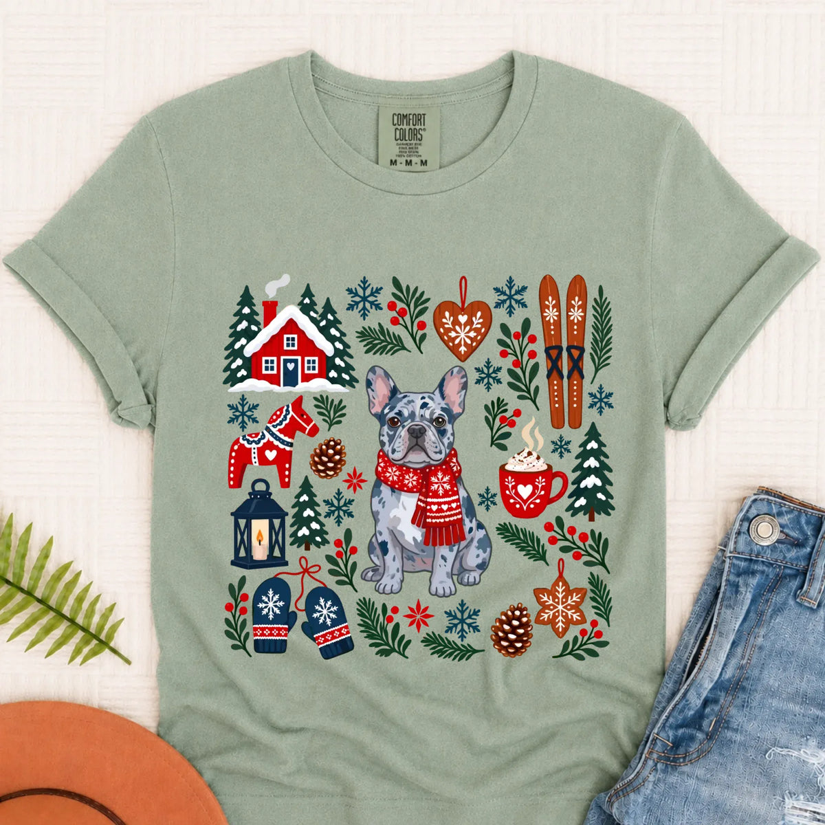 Custom Frenchie Scandinavian Winter Unisex Tshirt Bay