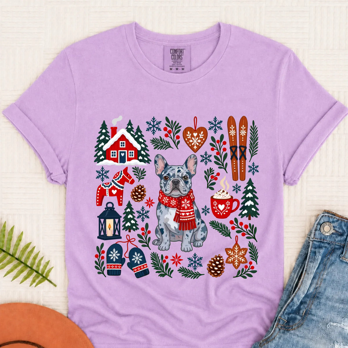 Custom Frenchie Scandinavian Winter Unisex Tshirt Orchid