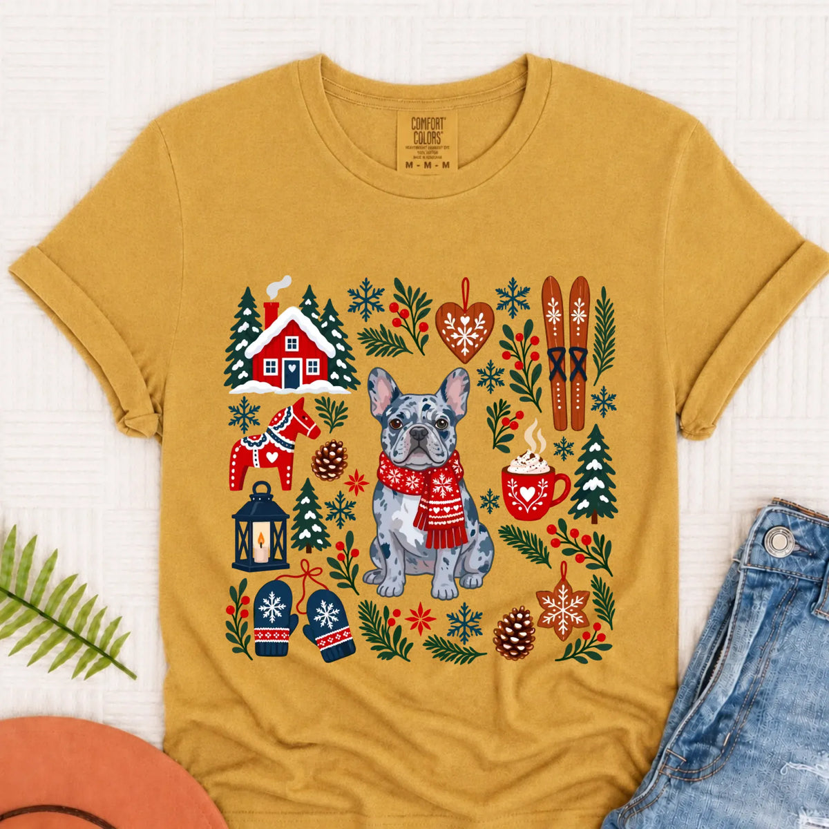 Custom Frenchie Scandinavian Winter Unisex Tshirt Mustard