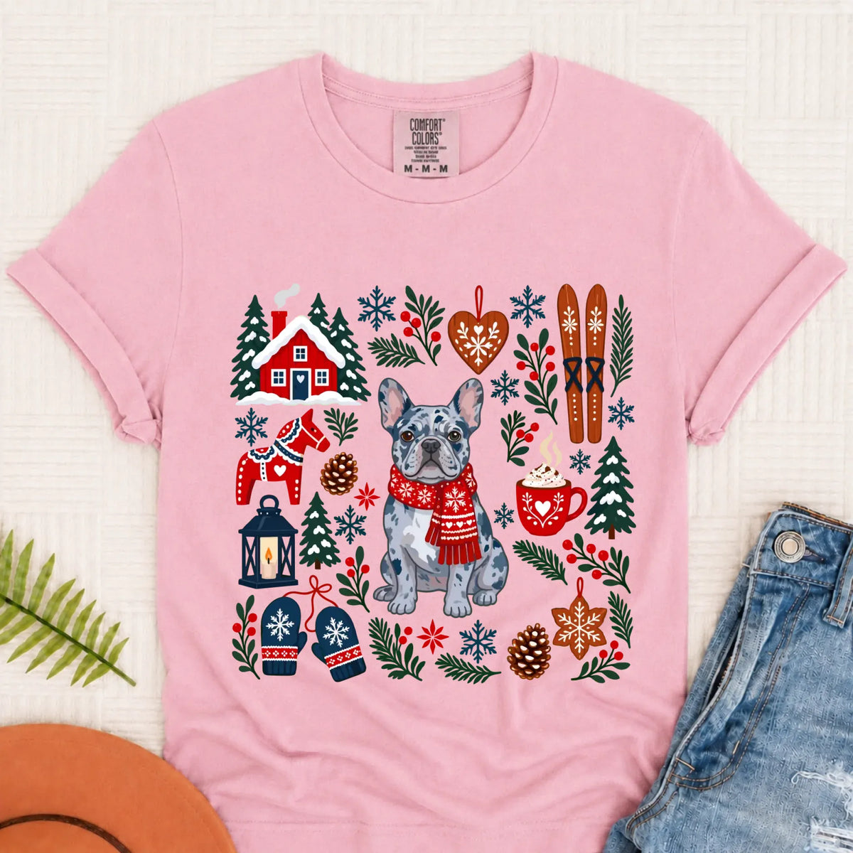 Custom Frenchie Scandinavian Winter Unisex Tshirt Blossom