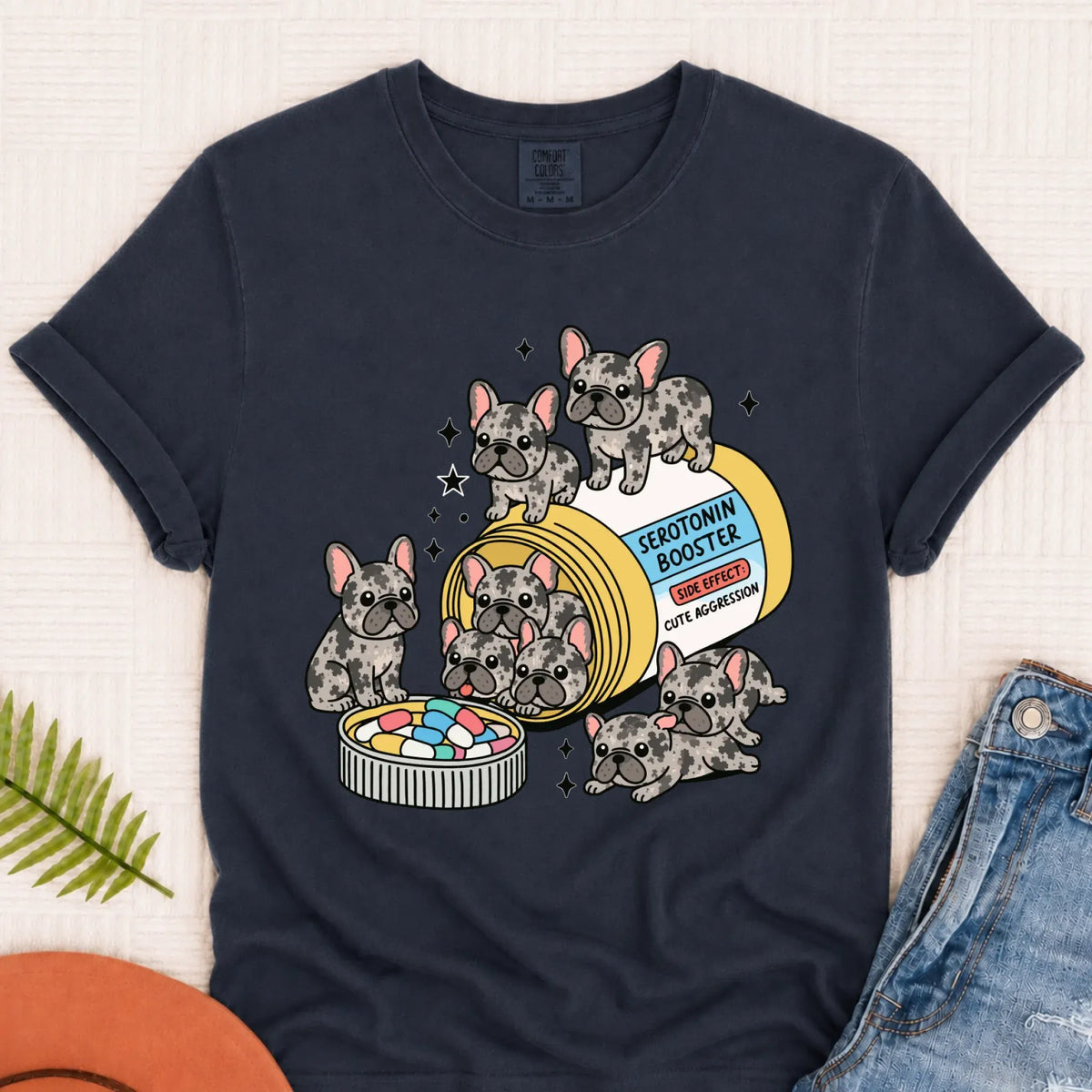 T-Shirt Navy / S Custom Frenchie Serotonin Meds Unisex Tshirt