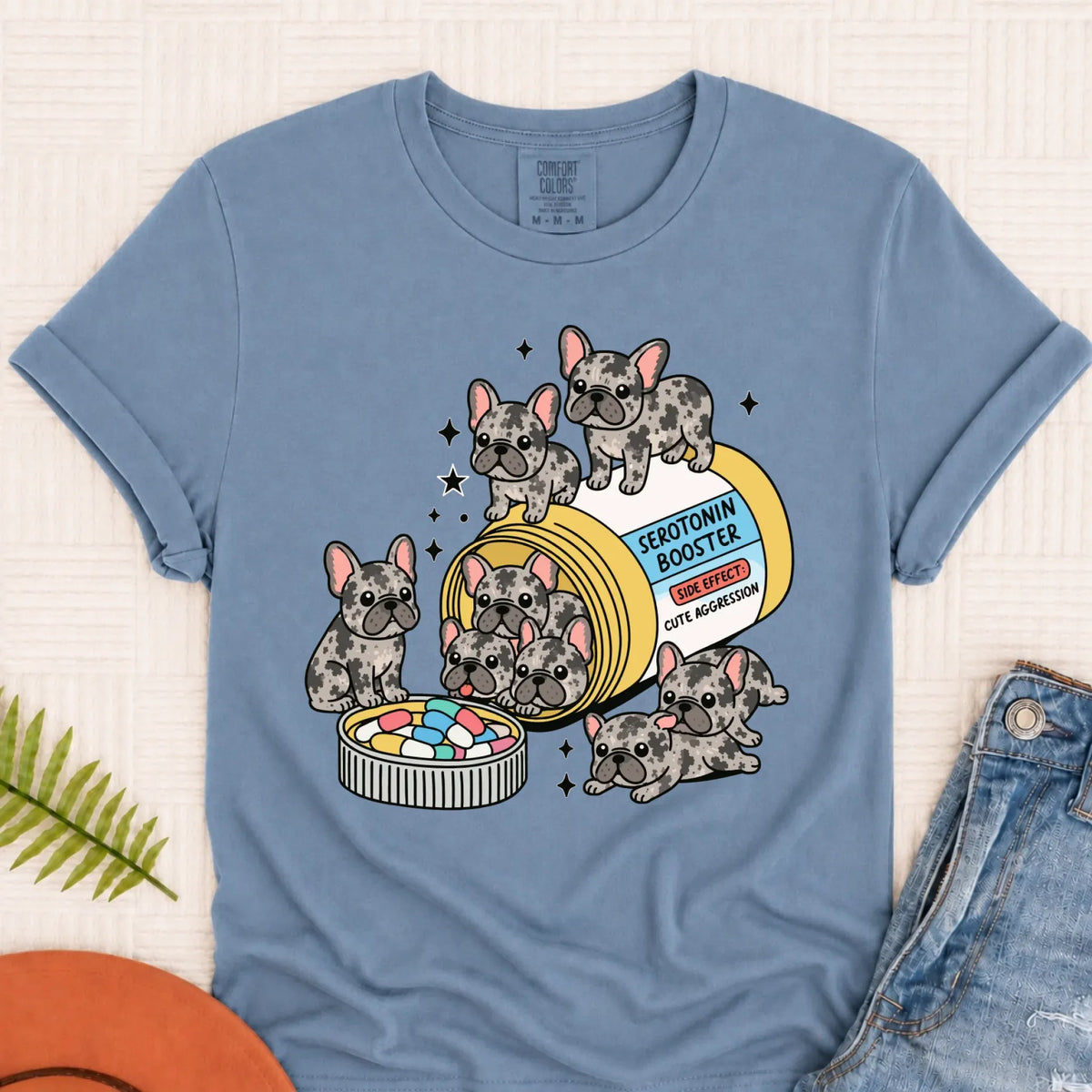 T-Shirt Blue Jean / S Custom Frenchie Serotonin Meds Unisex Tshirt