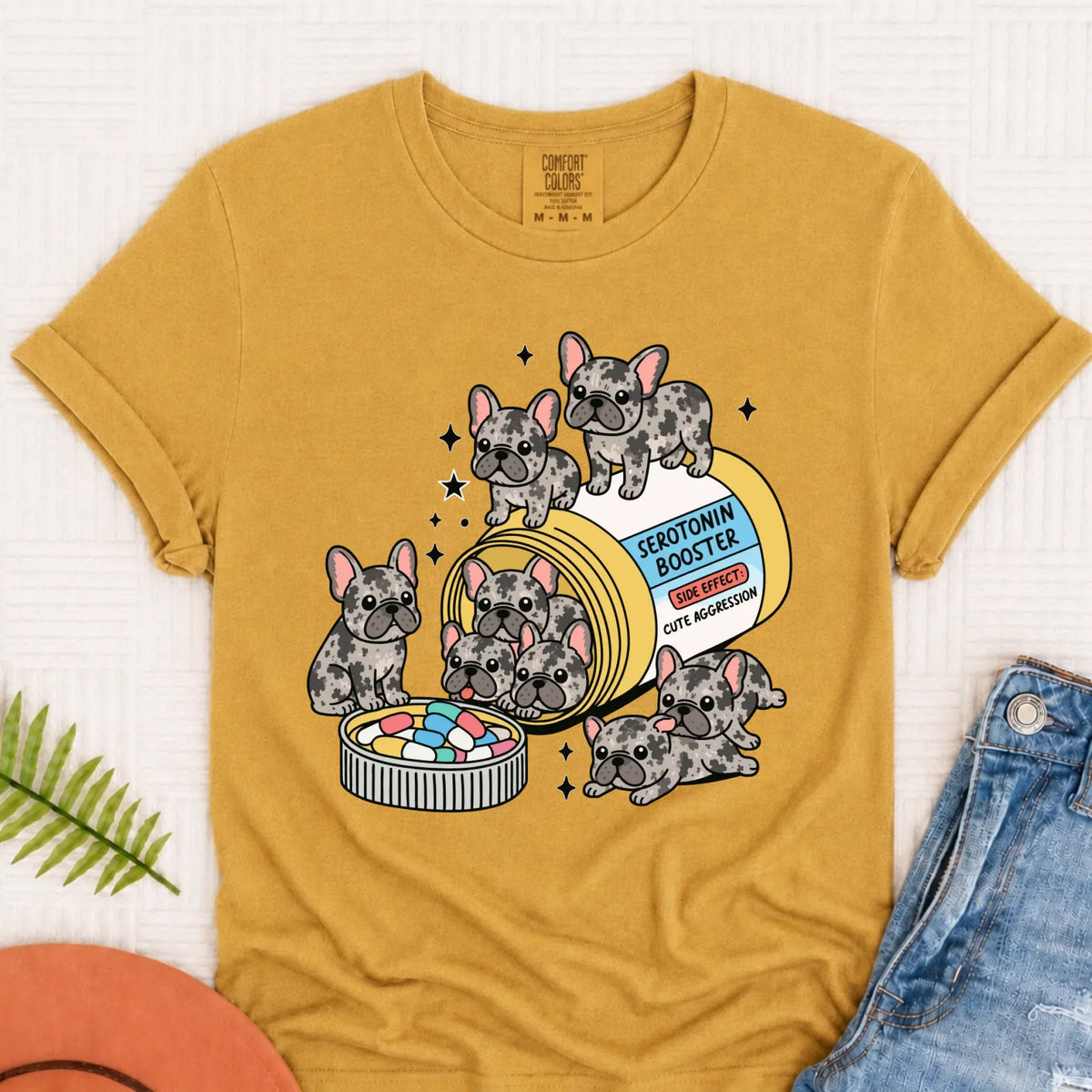 T-Shirt Mustard / S Custom Frenchie Serotonin Meds Unisex Tshirt