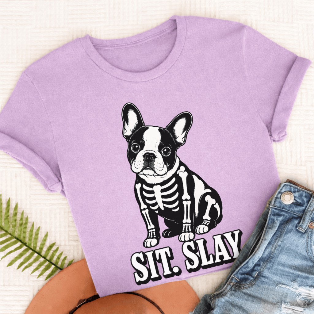 Custom Frenchie Skeleton Halloween Unisex TShirt Orchid