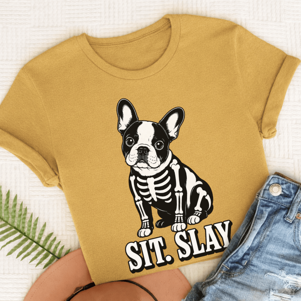 Custom Frenchie Skeleton Halloween Unisex TShirt Mustard
