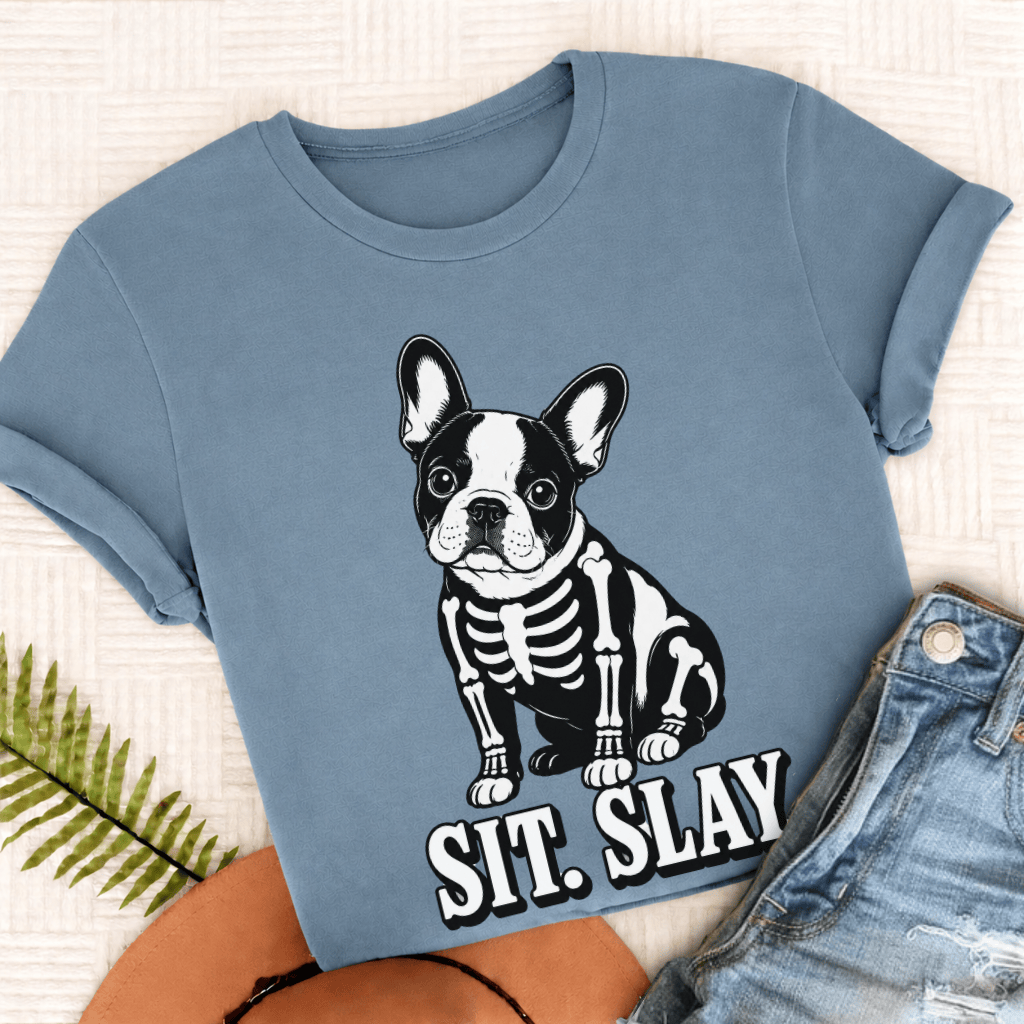 Custom Frenchie Skeleton Halloween Unisex TShirt Ice Blue
