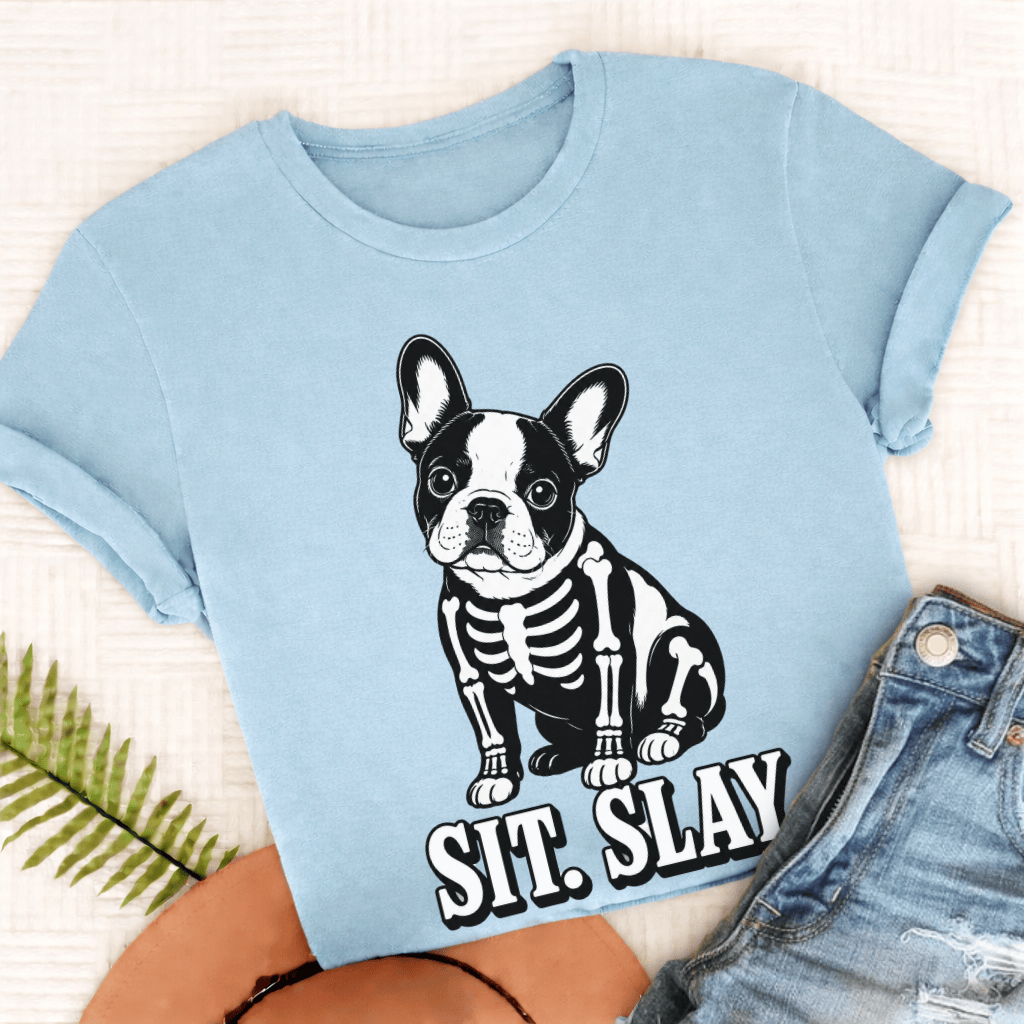 Custom Frenchie Skeleton Halloween Unisex TShirt Chambray