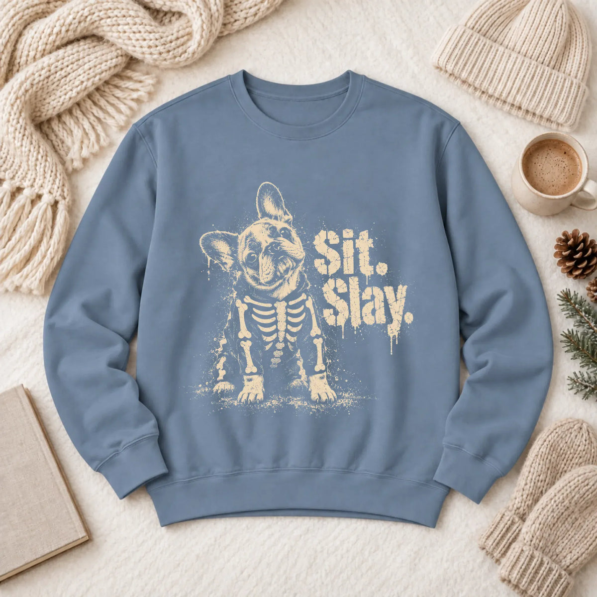 Sweatshirt Blue Jean / M Custom Frenchie Skeleton Sit Slay Unisex Sweatshirt