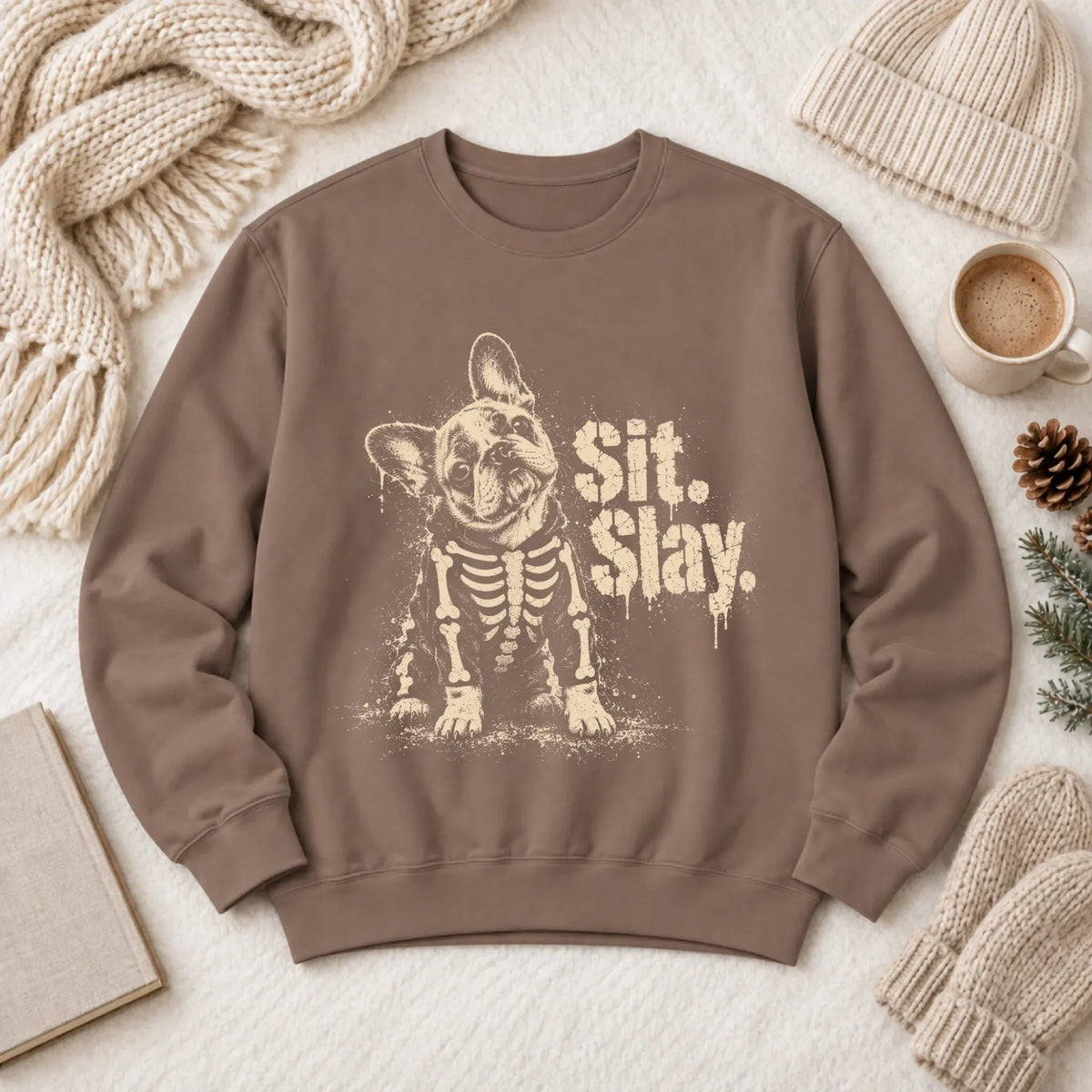 Sweatshirt Espresso / S Custom Frenchie Skeleton Sit Slay Unisex Sweatshirt