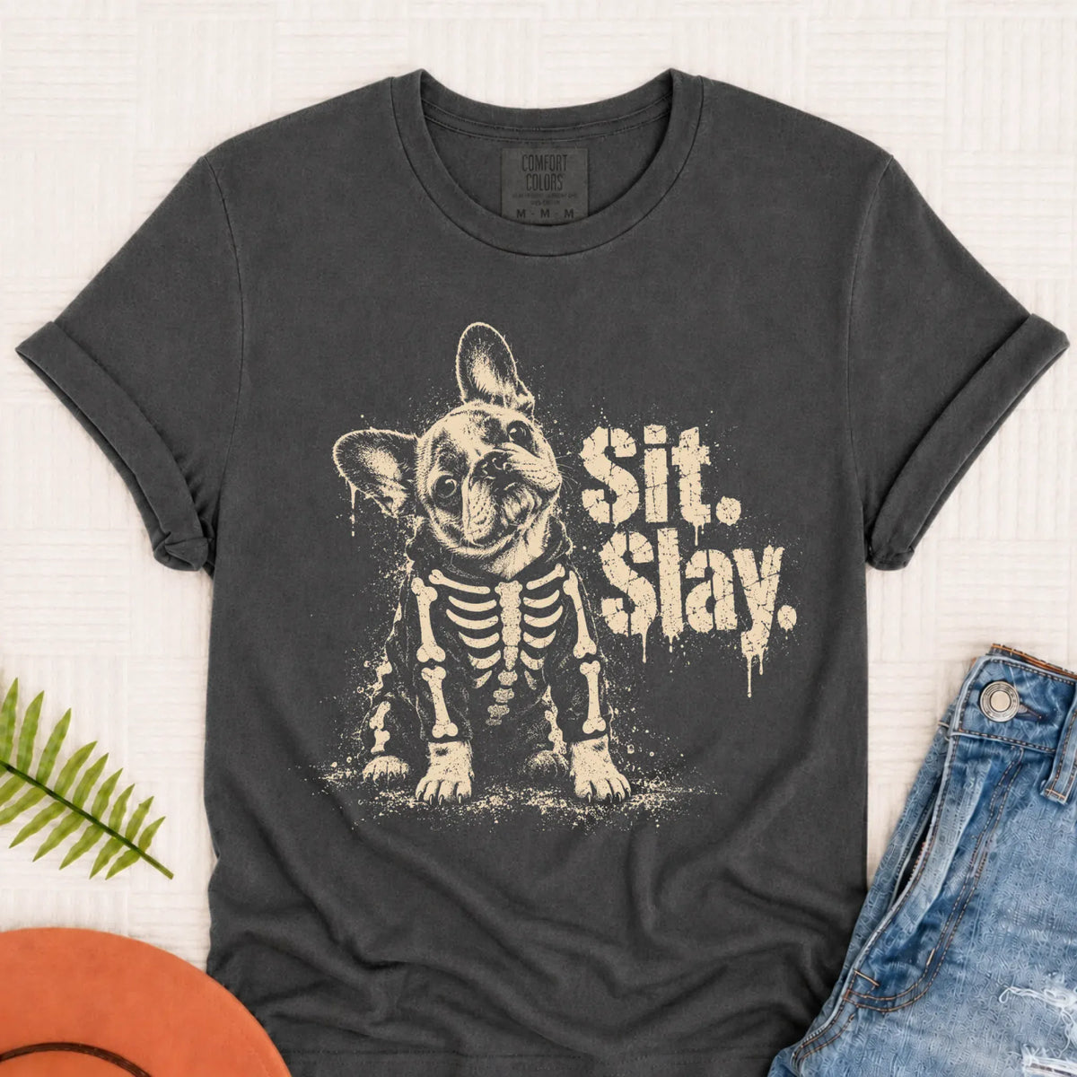 T-Shirt Pepper / S Custom Frenchie Skeleton Sit Slay Unisex TShirt