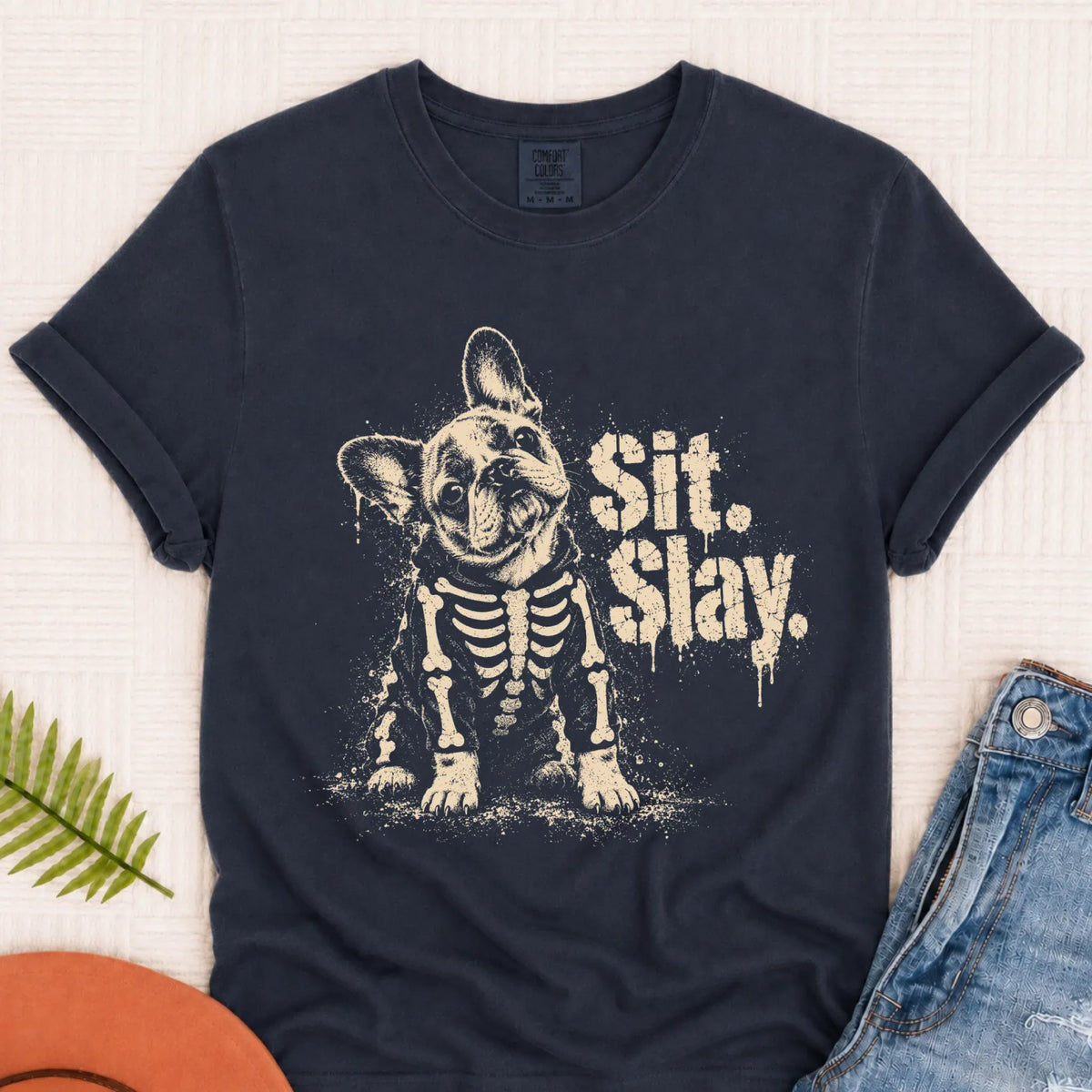 T-Shirt Navy / S Custom Frenchie Skeleton Sit Slay Unisex TShirt
