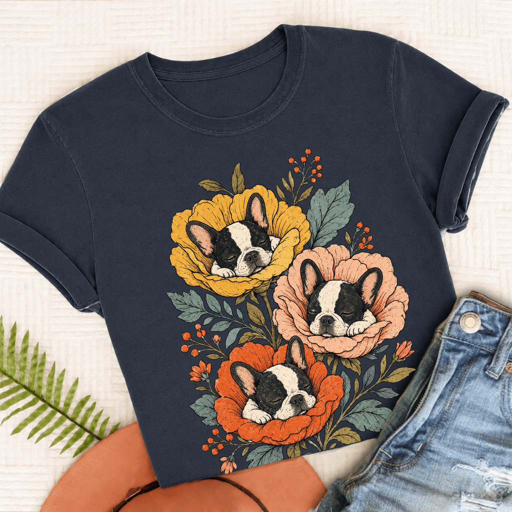 Custom Frenchie Sleeping Flowers Unisex TShirt True Navy