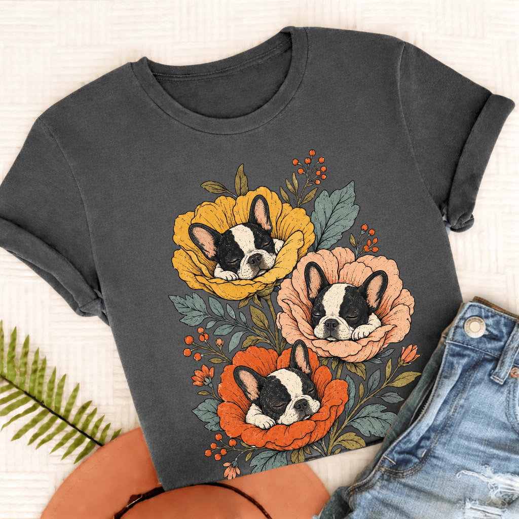 Custom Frenchie Sleeping Flowers Unisex TShirt Pepper