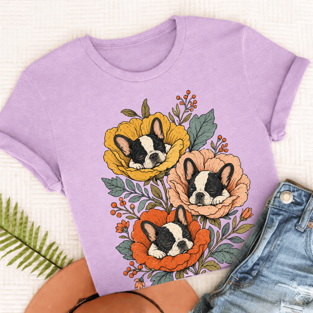 Custom Frenchie Sleeping Flowers Unisex TShirt Orchid