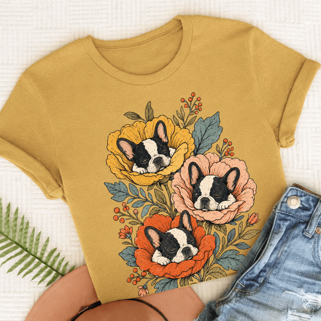 Custom Frenchie Sleeping Flowers Unisex TShirt Mustard