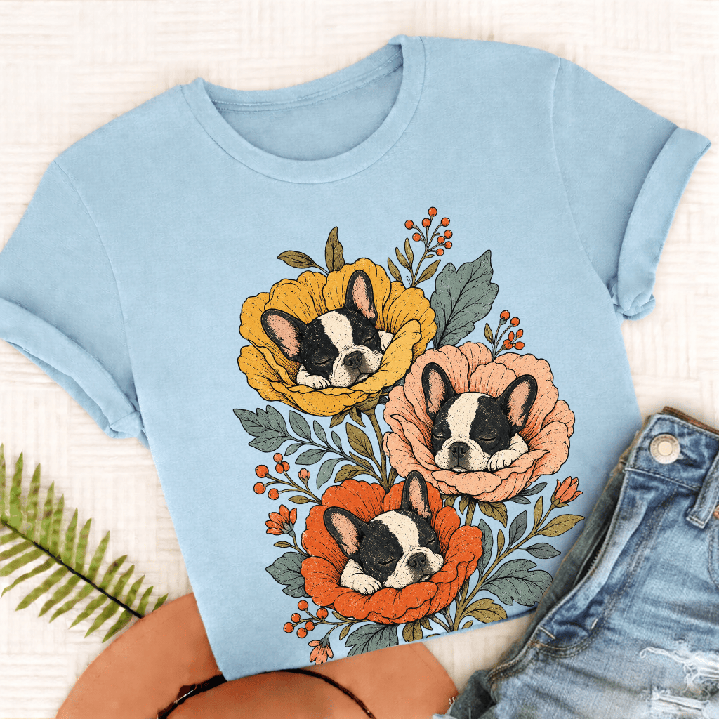 Custom Frenchie Sleeping Flowers Unisex TShirt Chambray