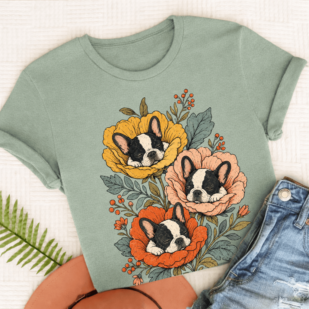 Custom Frenchie Sleeping Flowers Unisex TShirt Bay