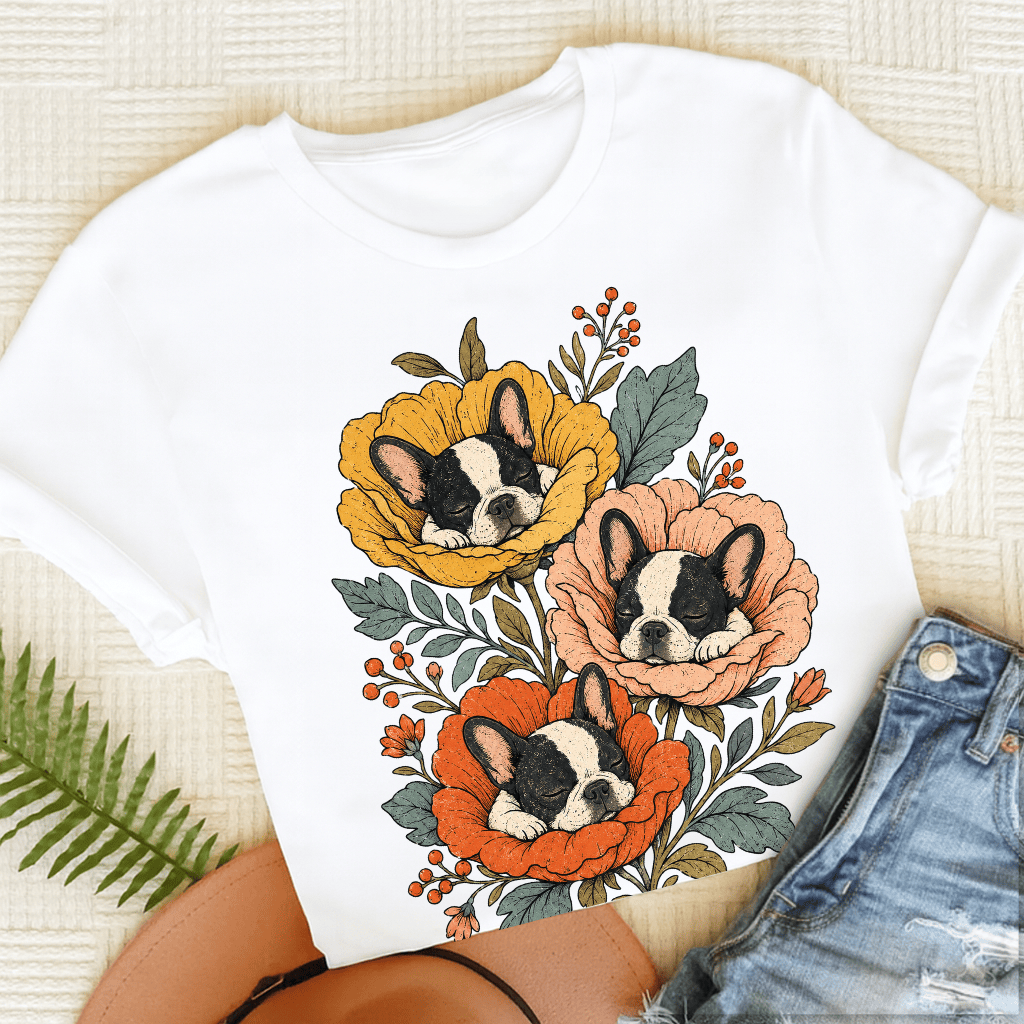 Custom Frenchie Sleeping Flowers Unisex TShirt White