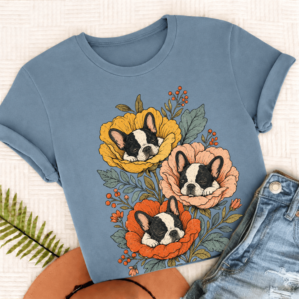 Custom Frenchie Sleeping Flowers Unisex TShirt Ice Blue