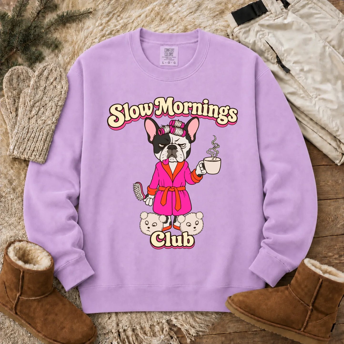 Custom Frenchie Slow Mornings Club Unisex Sweatshirt Orchid