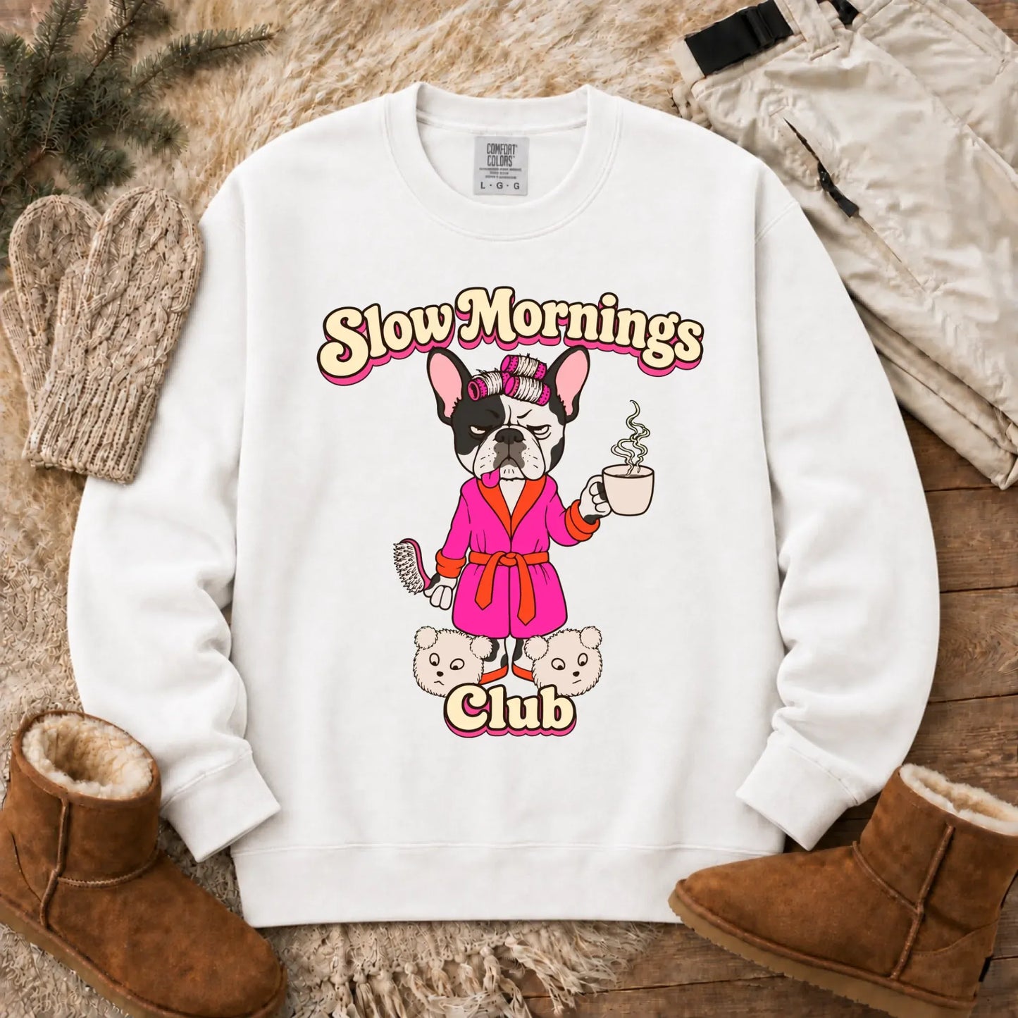 Custom Frenchie Slow Mornings Club Unisex Sweatshirt White