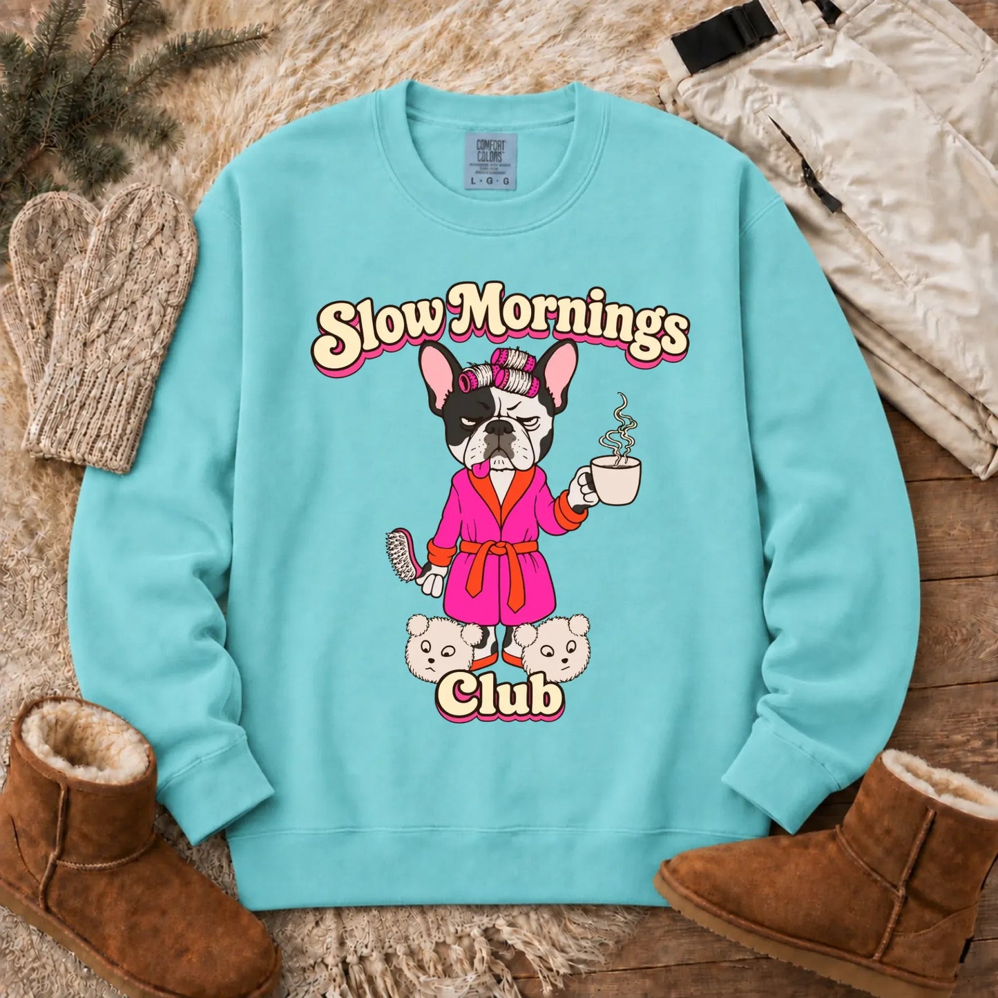 Custom Frenchie Slow Mornings Club Unisex Sweatshirt Chalky Mint