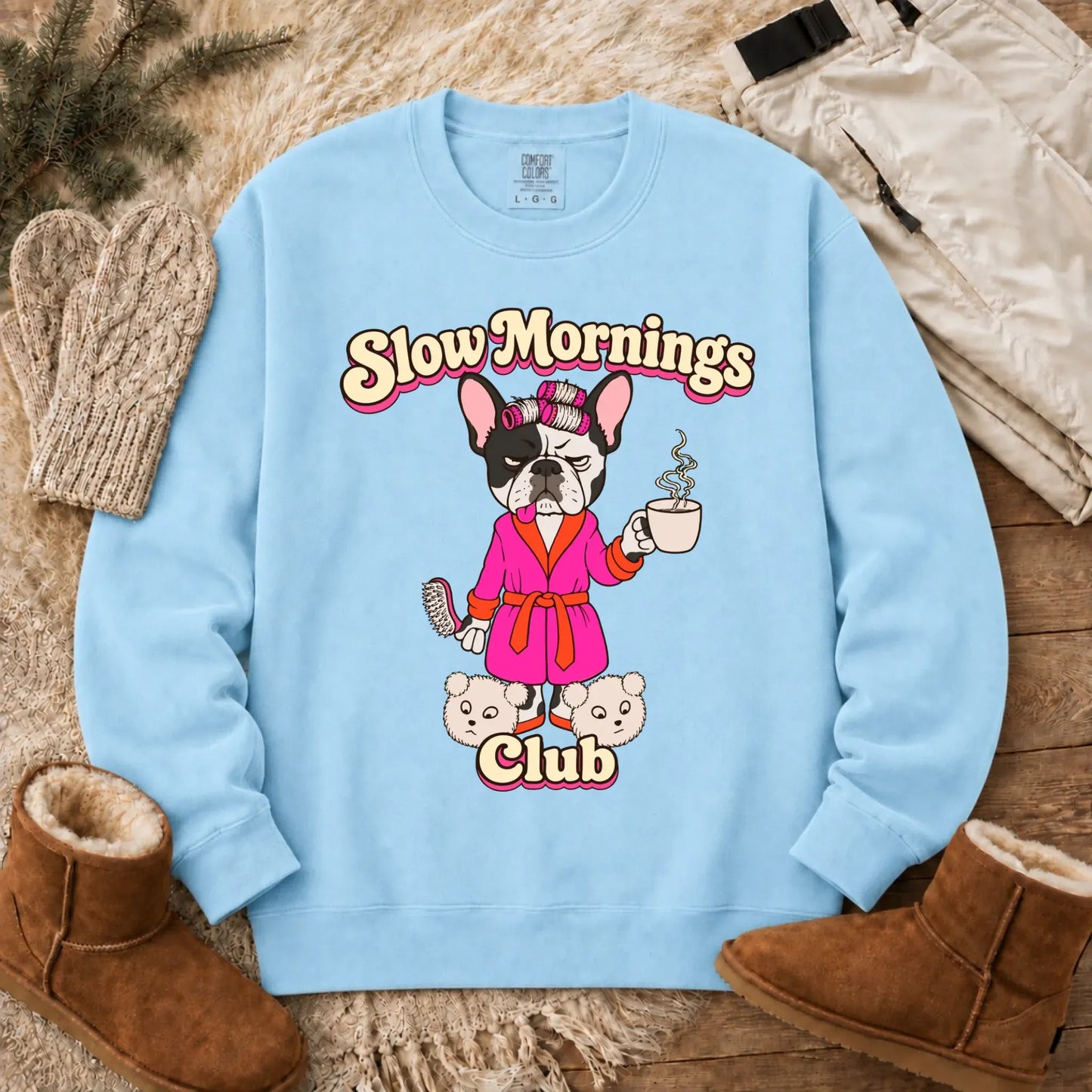 Custom Frenchie Slow Mornings Club Unisex Sweatshirt Chambray