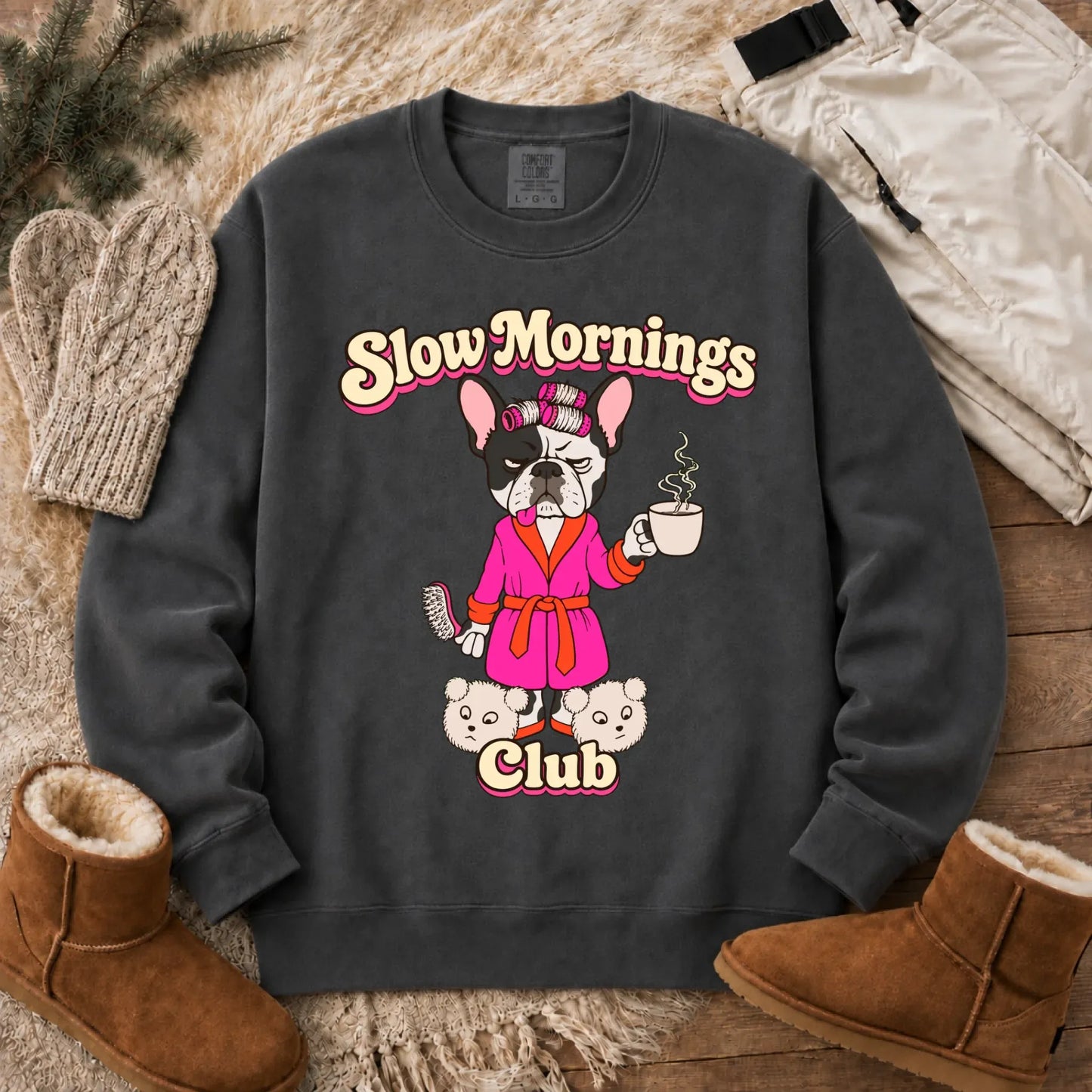 Custom Frenchie Slow Mornings Club Unisex Sweatshirt Pepper