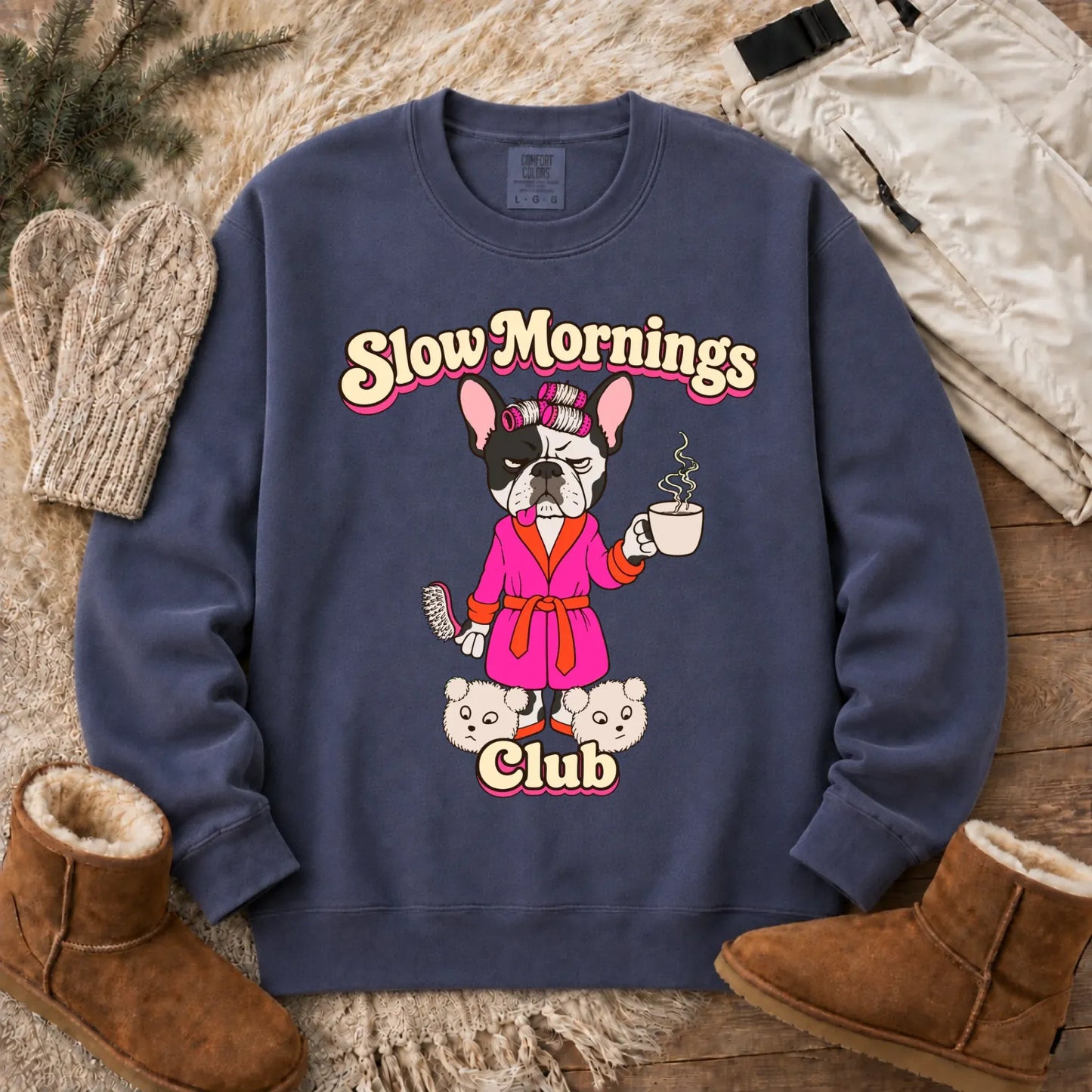Custom Frenchie Slow Mornings Club Unisex Sweatshirt Denim