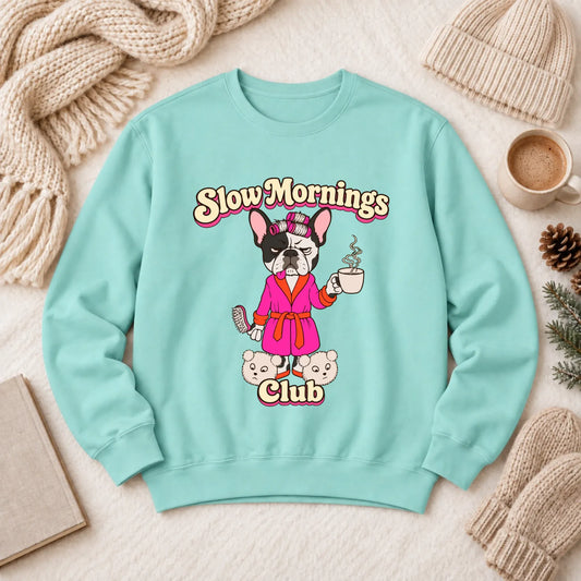 Custom Frenchie Slow Mornings Club Unisex Sweatshirt Chalky Mint