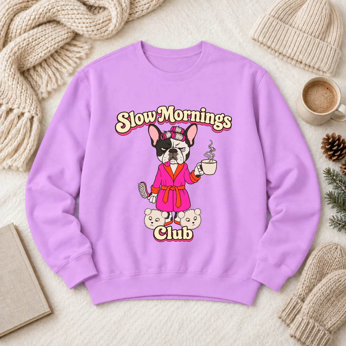 Custom Frenchie Slow Mornings Club Unisex Sweatshirt Neon Violet