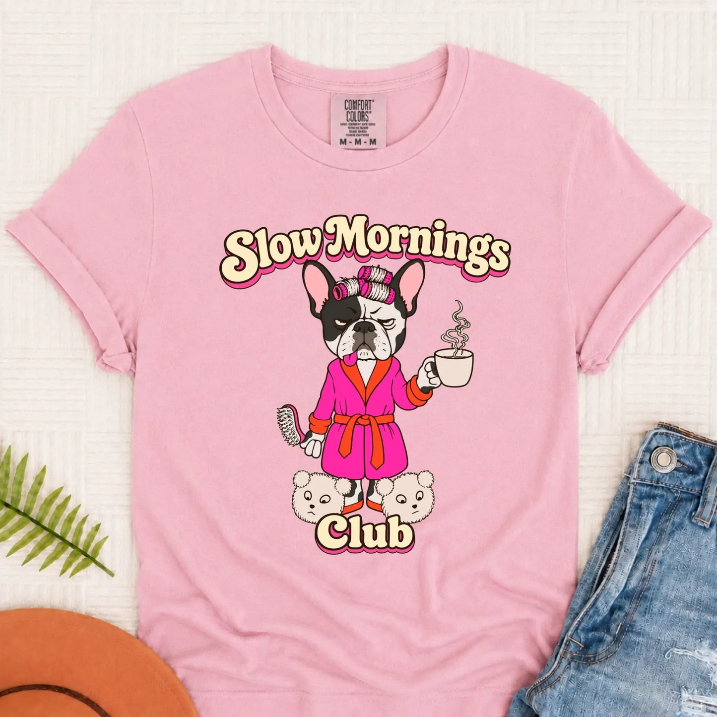 Custom Frenchie Slow Mornings Club Unisex Tshirt Blossom
