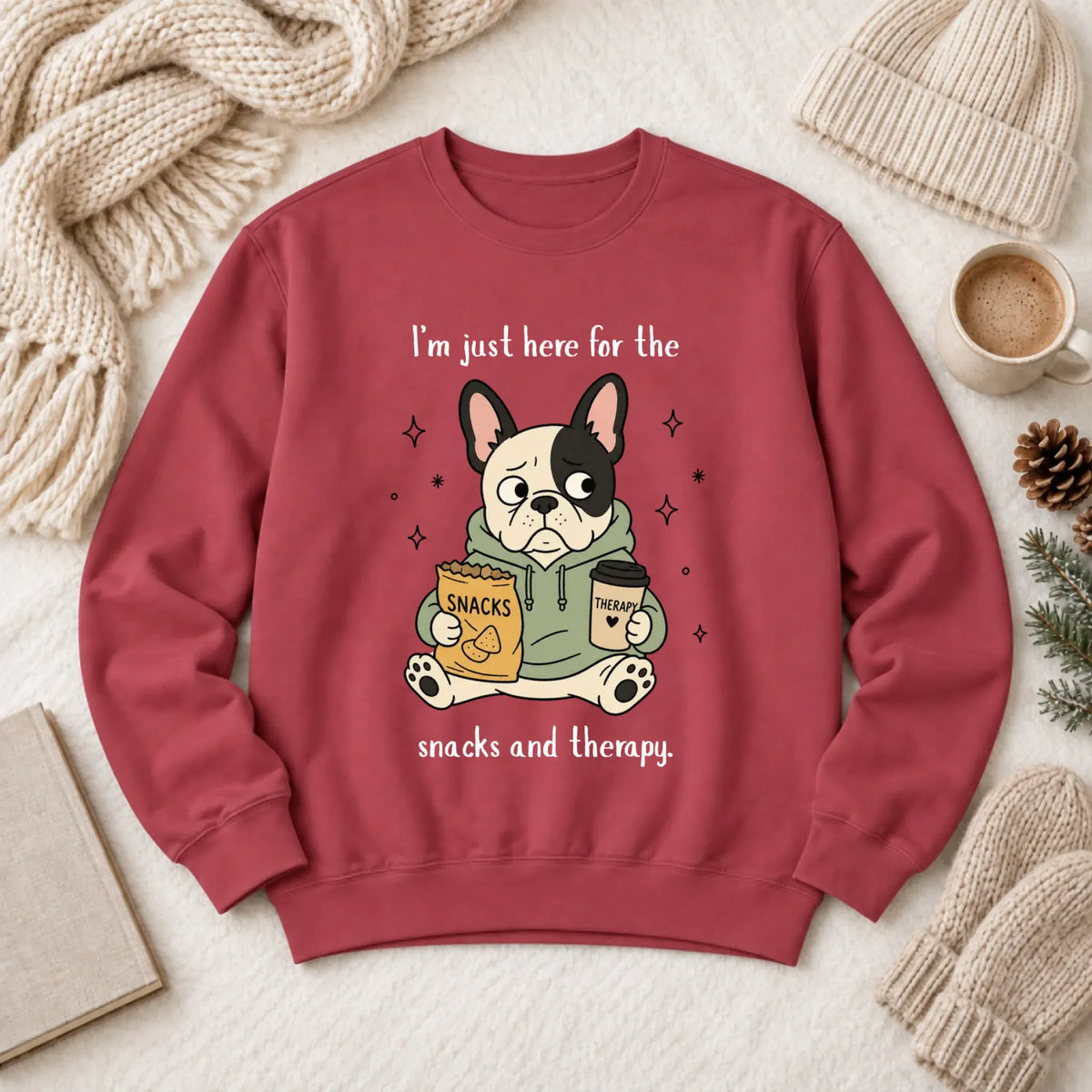 Custom Frenchie Snacks and Therapy Unisex Sweatshirt Crimson