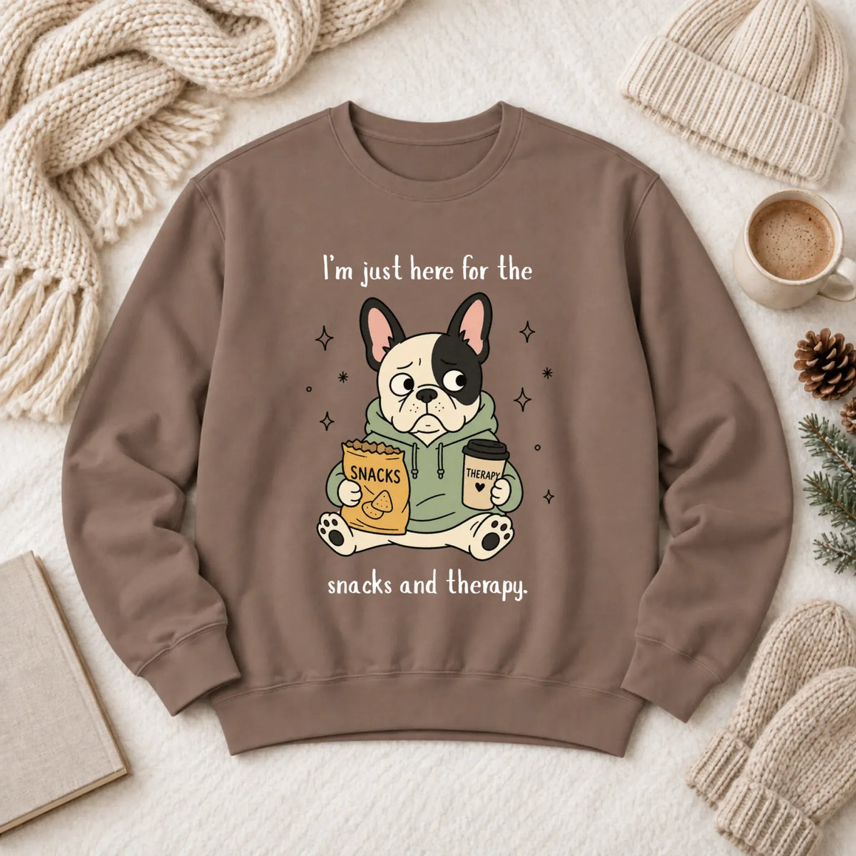 Custom Frenchie Snacks and Therapy Unisex Sweatshirt Espresso