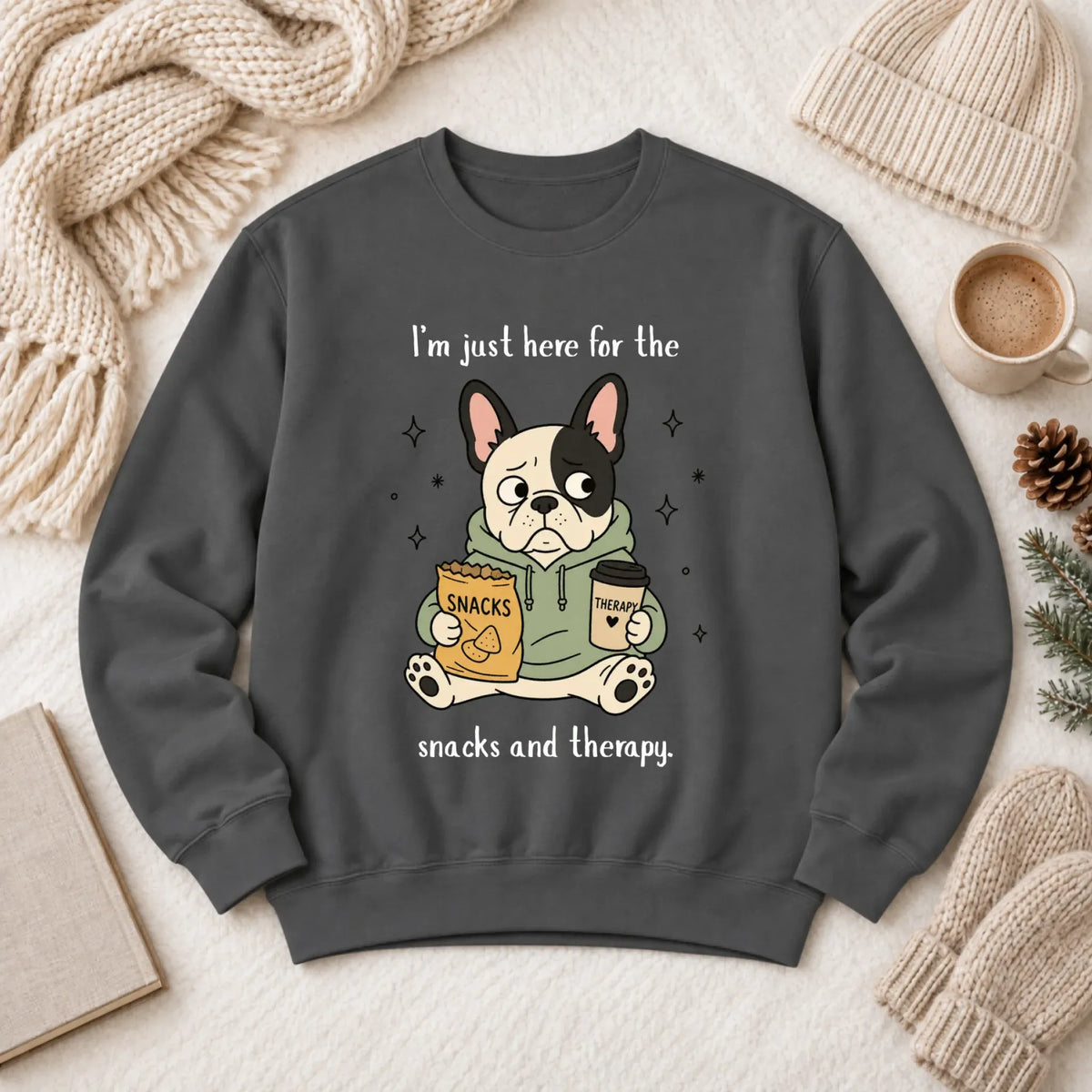 Custom Frenchie Snacks and Therapy Unisex Sweatshirt Pepper