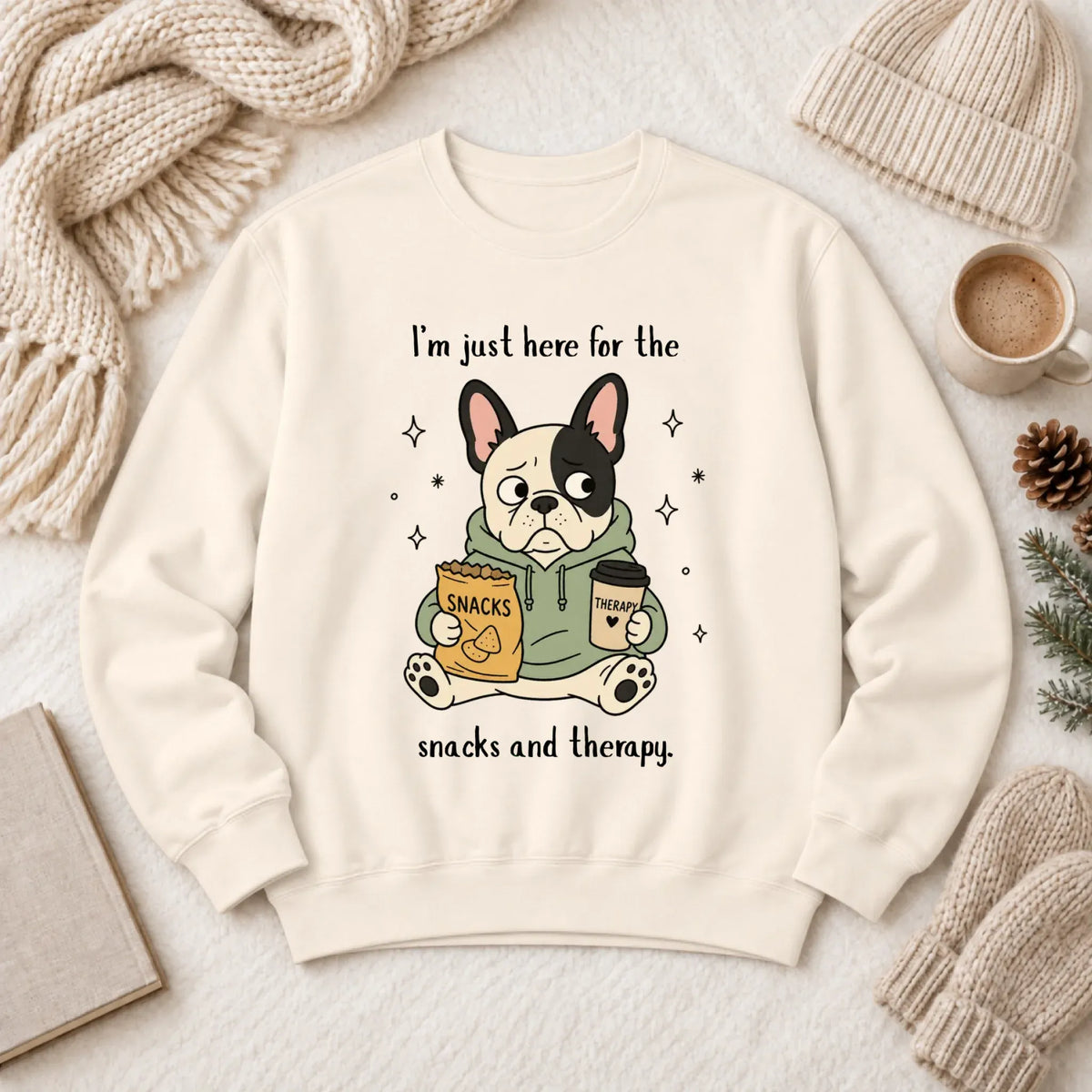 Custom Frenchie Snacks and Therapy Unisex Sweatshirt Ivory