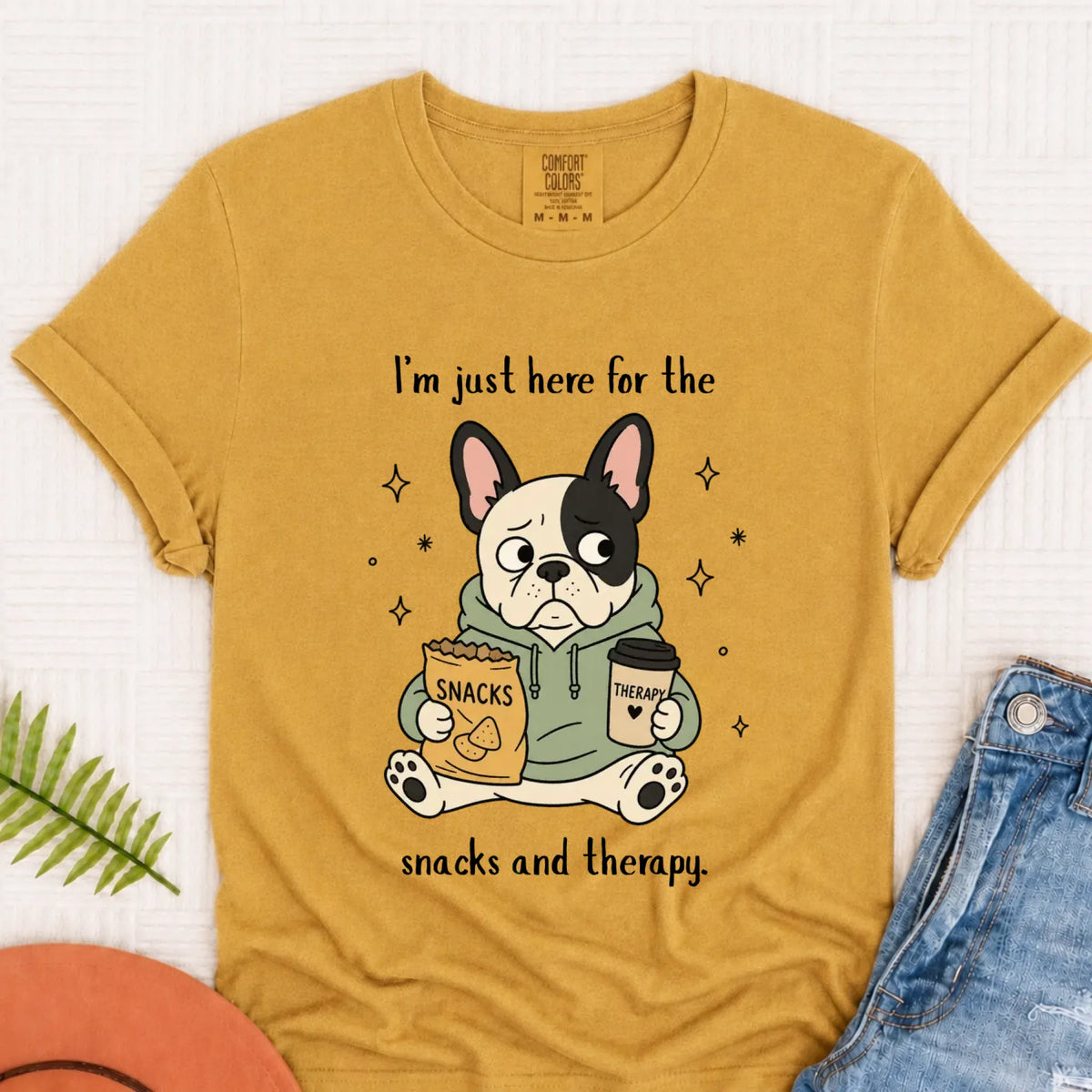 Custom Frenchie Snacks and Therapy Unisex TShirt Mustard