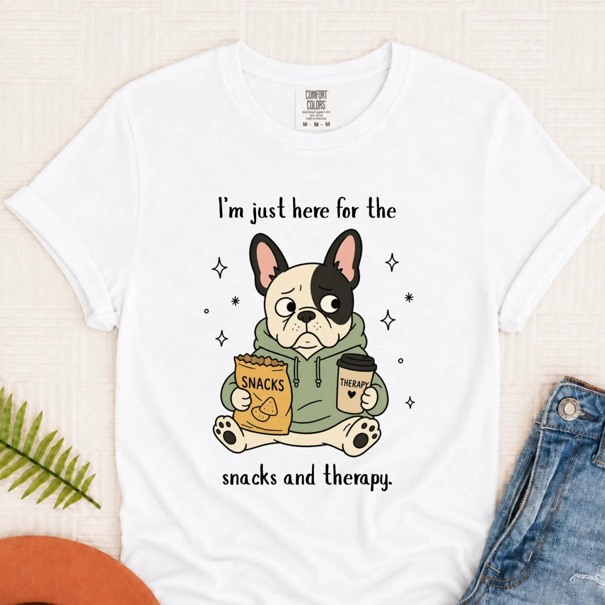 Custom Frenchie Snacks and Therapy Unisex TShirt White
