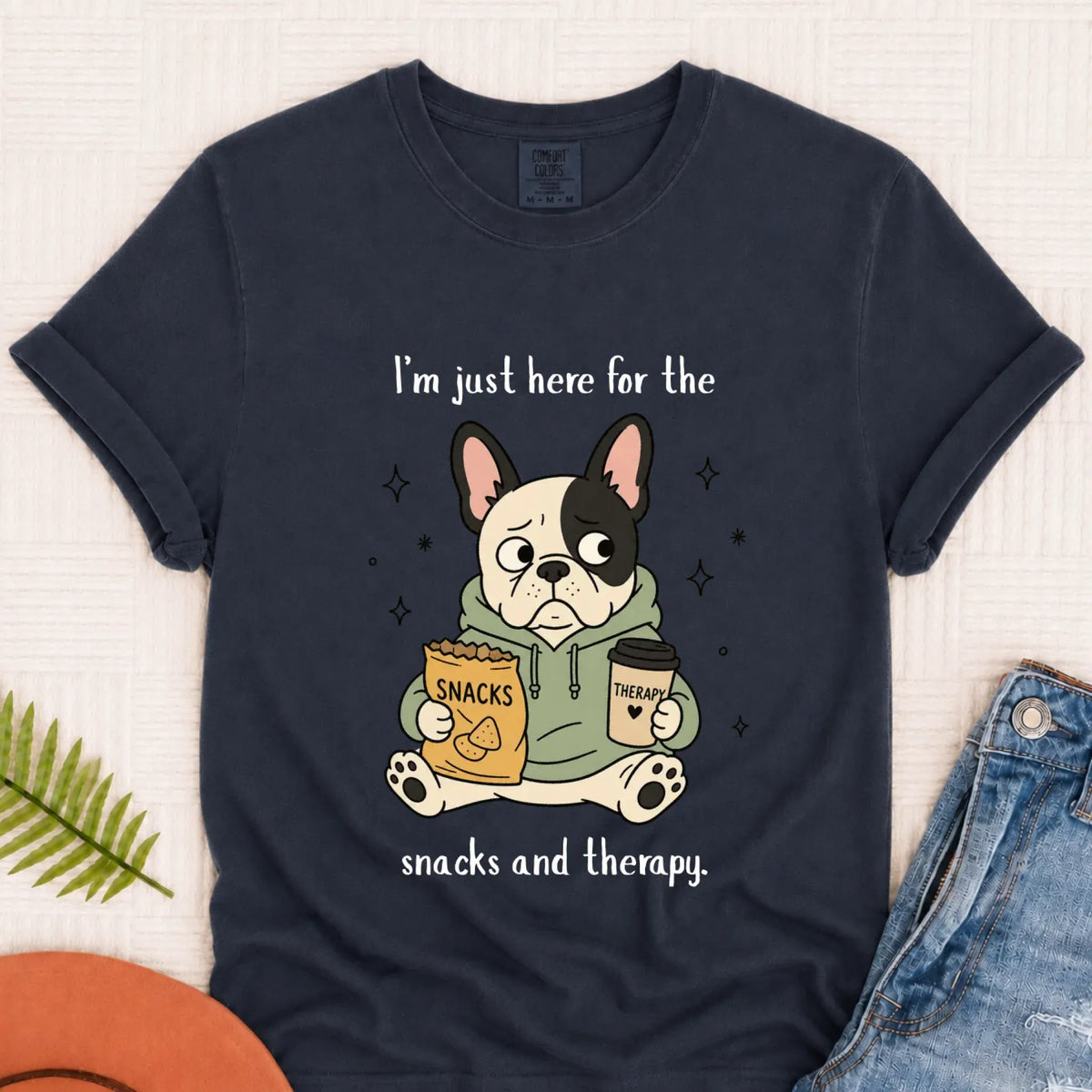 Custom Frenchie Snacks and Therapy Unisex TShirt Navy