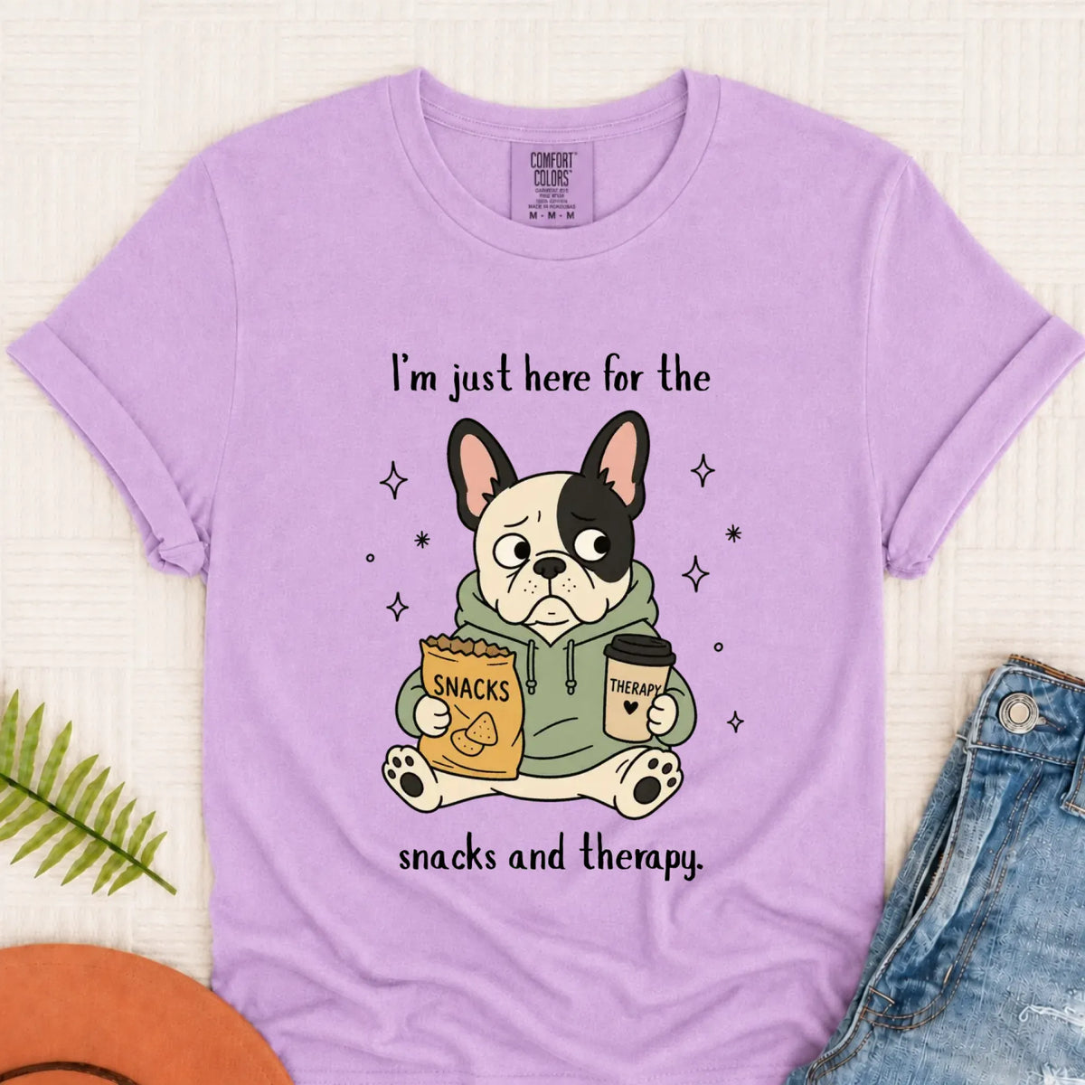 Custom Frenchie Snacks and Therapy Unisex TShirt Orchid