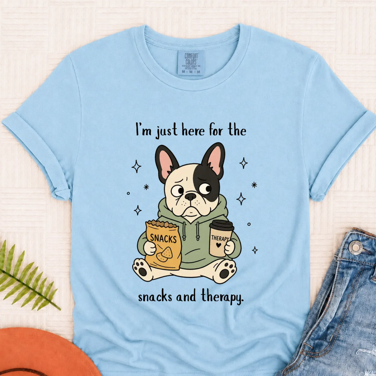 Custom Frenchie Snacks and Therapy Unisex TShirt Chambray